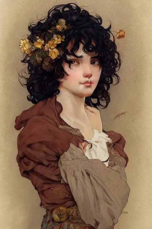 Prompt: beautiful cottagecore of a girl with short black curly hair, round face, cute face. intricate, elegant. highly detailed, digital painting, artstation, concept art, smooth, sharp, focus, illustration. art by artgerm and greg rutkowski alphonse mucha and Marat Safin