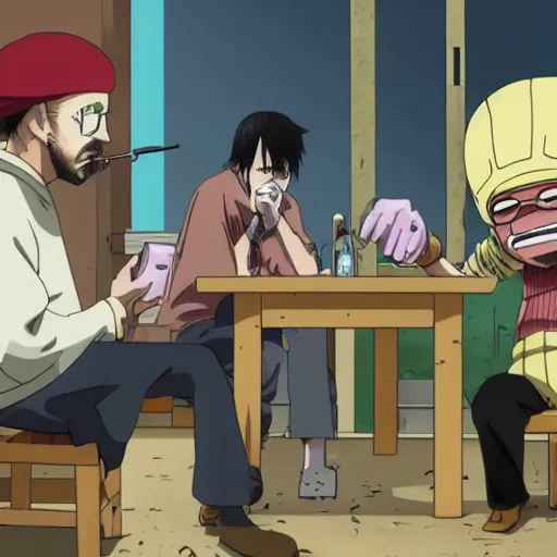 Image similar to walter white smoking a joint with jesse pinkman, in One Piece Anime Series, 4k Resolution.