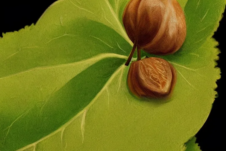 Image similar to a hazelnut with green leaf, macro, fantasy, sharp focus, intricate, elegant, digital painting, artstation, matte, highly detailed, concept art, illustration, ambient lighting, art by Jonatan Iversen-Ejve