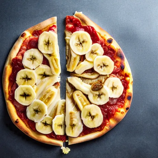 Prompt: a photo a whole unpeeled banana on top of a pizza, food photo, professional food photo, iphone, whole banana 4 k