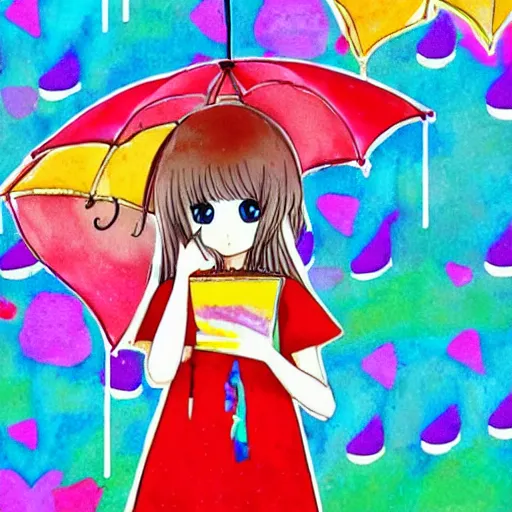 Image similar to rain, pattern, cute anime, vivid colors, watercolors, umbrella, girl