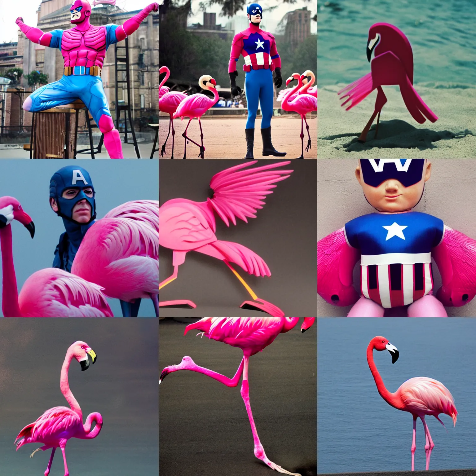 Prompt: a pink flamingo as captain america. still from the moie