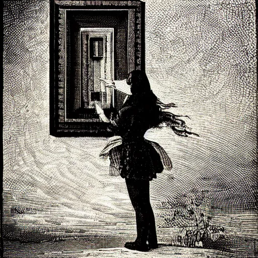 Prompt: A installation art. A rip in spacetime. Did this device in her hand open a portal to another dimension or reality?! optical illusion, Pixabay by Edward Julius Detmold, by John Constable terrifying, churning