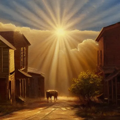 Prompt: oil painting of american landscape, western town, dusty street, sunrays, dramatic, very very very beautiful nature art, romanticism