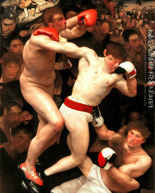 Prompt: a boxing match, by edgar maxence and caravaggio and michael whela, dramatic lighting, artistic, intricate drawing, light brazen, realistic fantasy, extremely detailed, 8 k resolution, dramatic lighting