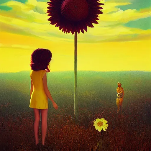 Prompt: giant daisy flower head, frontal, girl in a yellow suit, surreal photography, sunrise, dramatic light, impressionist painting, digital painting, artstation, simon stalenhag