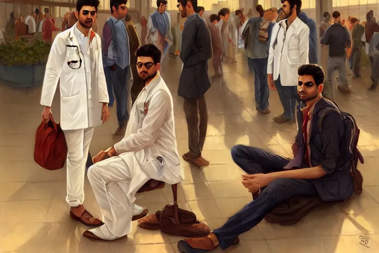 Image similar to Anxious good looking pale young Indian doctors wearing American clothes chatting at the airport, portrait, elegant, intricate, digital painting, artstation, concept art, smooth, sharp focus, illustration, art by artgerm and greg rutkowski and alphonse mucha