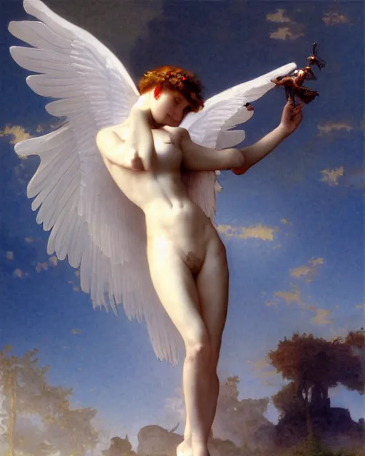 Prompt: graceful angel with solarpunk mecha humanoid robotic parts with bright led lights, pudica pose gesture, by bouguereau, ultra - realistic and intricate, hdr 8 k