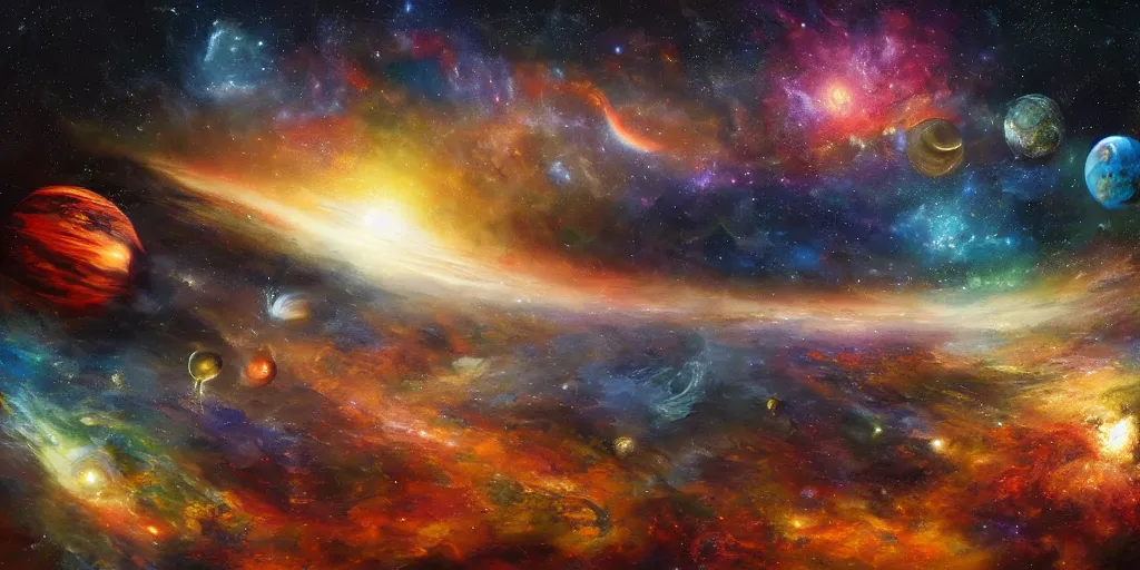 Prompt: A highly detailed, very colorful, matte oil painting of outer space, with lots of planets, stars, galaxies, and nebulas, by Greg Rutkowski and Afremov