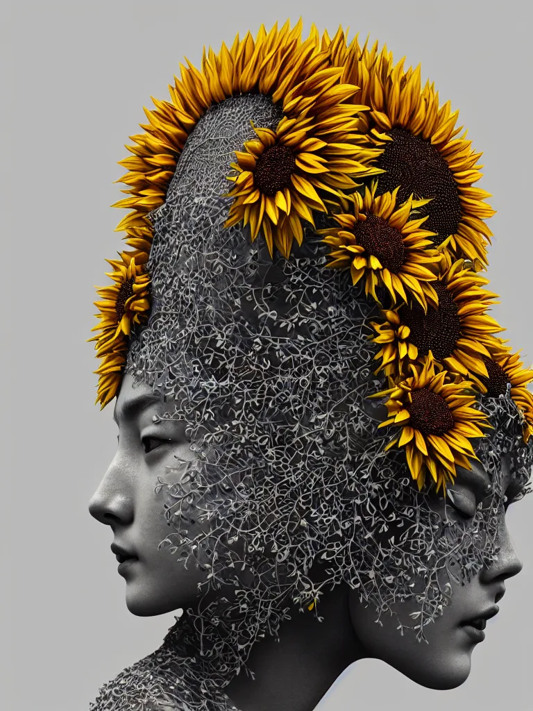 Prompt: symmetrical, centered, chinese goddess close-up portrait wigh crown made of sunflowers. leaves, vines, phoenix, bioluminiscent creature, super intricate ornaments artwork by Tooth Wu and wlop and beeple. octane render, trending on artstation, greg rutkowski very coherent symmetrical artwork. cinematic counter light, high detail, octane render, 4k, vibrant