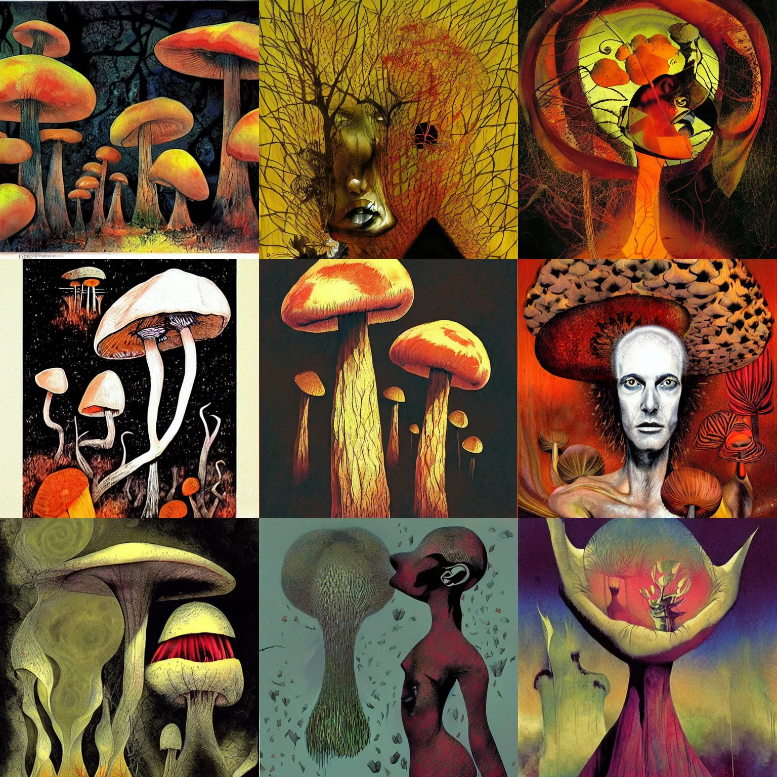 Prompt: psychedelic mushrooms psilocybin dream, no fears, okay one fear, by dave mckean