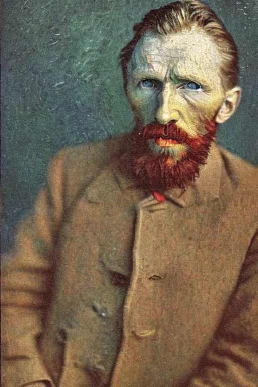 Prompt: an autochrome realistic, supersharp, photographic portrait of vincent van gogh, by thomas russel shallow depth of field