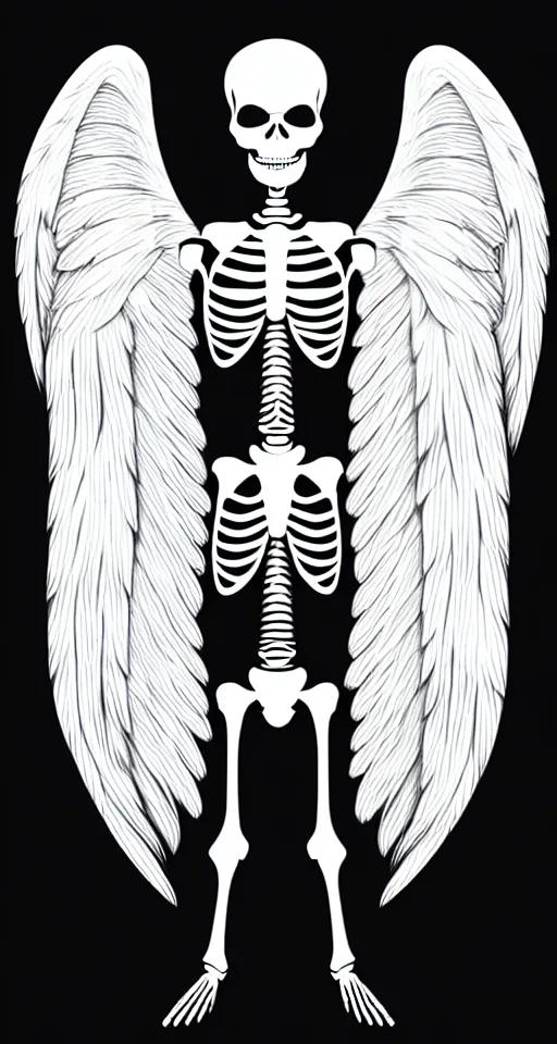 Image similar to full length male skeleton with angel wings only, illustration style, transparent background, symbolic, cinematic, super detailed and intricate, elegant, hyper - realistic