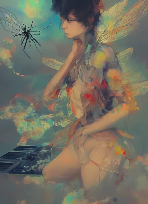 Image similar to surreal gouache painting, by yoshitaka amano, by ruan jia, by conrad roset, by good smile company, detailed anime 3d render of a Giant glowing dragonfly on a DJ mixer, portrait, cgsociety, artstation, rococo mechanical and eletronic, dieselpunk atmosphere
