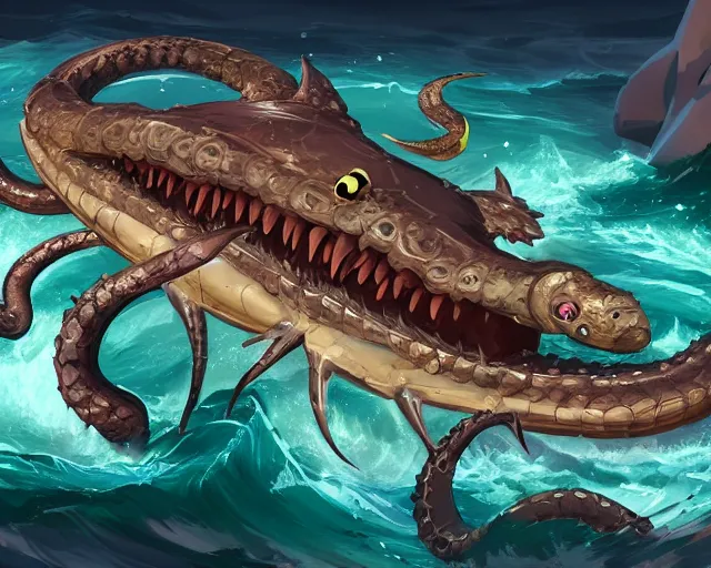 Image similar to sea of thieves animal boss character concept art for a gigantic sea serpent snake leviathan, cgsociety, trending on artstation, rare ltd,