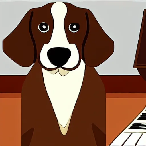 Image similar to a brown spaniel with a white chest playing a piano, Martini on the side. Artwork adult swim style, no text