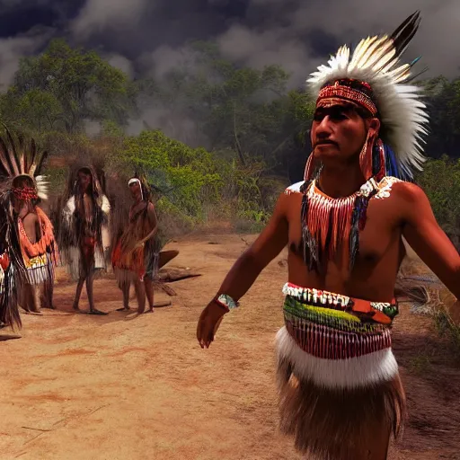 Image similar to south american native tribe in a report for a french tv, ultra detailed, photorealistic, dynamic light, cinematic