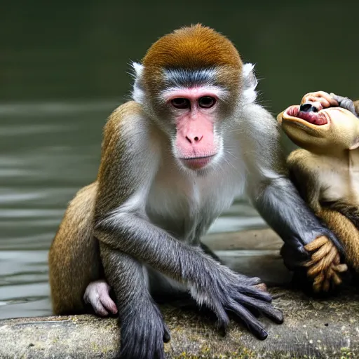 Image similar to monkey on top of a crocodile on a river