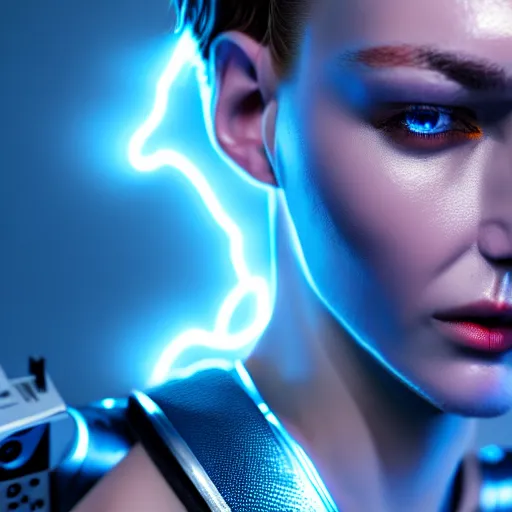 Image similar to photography of a hyper realistic highly detailed complex blue lightnings arround a cyborg. high detail, professional digital art, unreal engine 5 8 k rendering, stunning, artstation