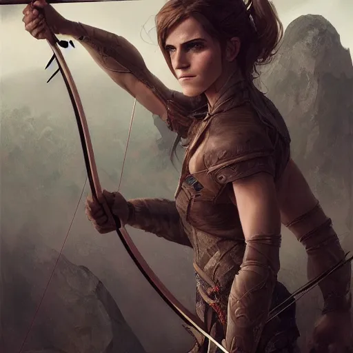 Image similar to portait of a very muscled emma watson archer shooting arrow, front game card, drark, marvel comics, dark, intricate, highly detailed, smooth, artstation, digital illustration by ruan jia and mandy jurgens and artgerm and wayne barlowe and greg rutkowski and zdislav beksinski