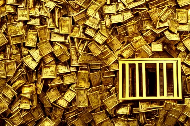 Image similar to a house, under construction, made of gold, with piles of money around it