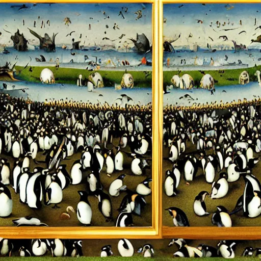 Prompt: the garden of earthly delights but with penguins, lots of penguins, Hieronymus Bosch, triptych