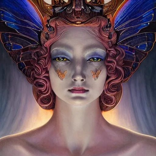 Image similar to beautiful closeup portrait of an art deco faerie queen, glowing eyes. reflective detailed textures, moth wings, highly detailed dark fantasy science fiction painting by tom bagshaw and michael whelan and diego rivera and annie swynnerton and jean delville and moebius and evelyn de morgan and syd mead, elaborate geometric ornament, ancient runes, silver and cool colors. artstation