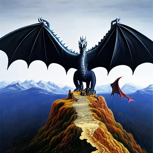 Prompt: giant dragon standing on a mountain, highly detailed, 4 k, hdr, award - winning, painting by gottfried helnwein