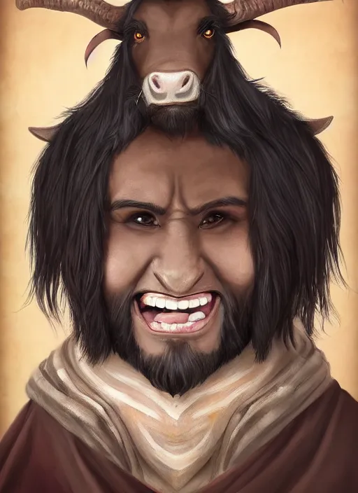 Image similar to a black haired young tauren with stubble, short hair, wearing brown robes, smiling, close up, portrait style, wisdom, photographic print, artgerm, hyper - realistic