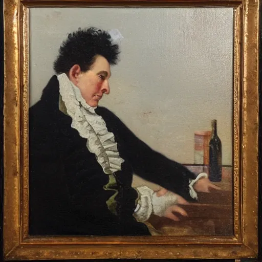 Image similar to oil painting of an 1 8 th century man drinking at a bench, some of the details of the frame are visible in his face