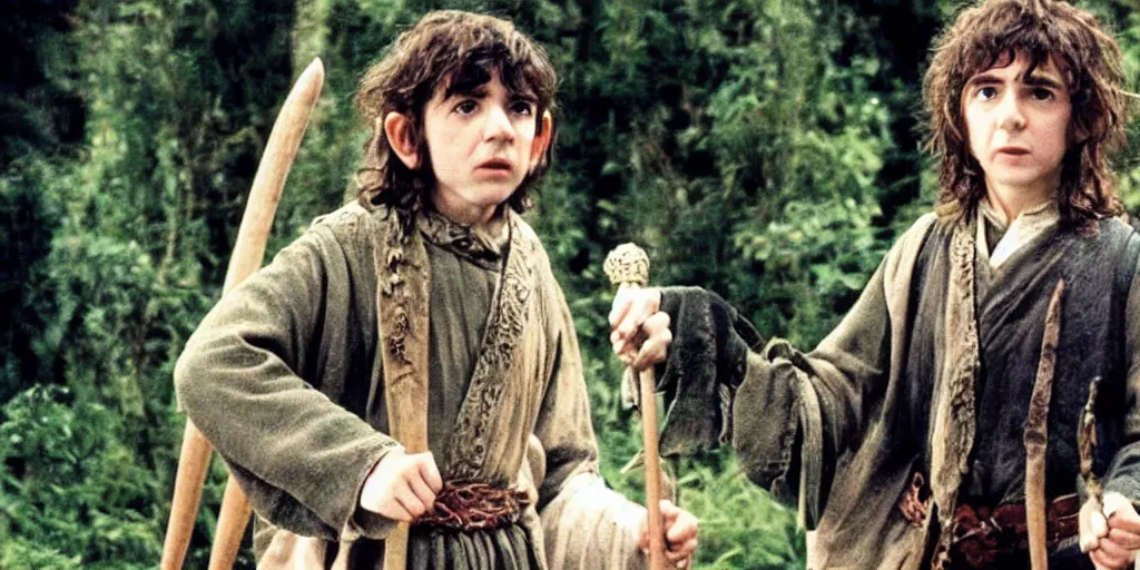 Image similar to A full color still of young George Harrison in Hobbit makeup and costume, in The Lord of the Rings directed by Stanley Kubrick,