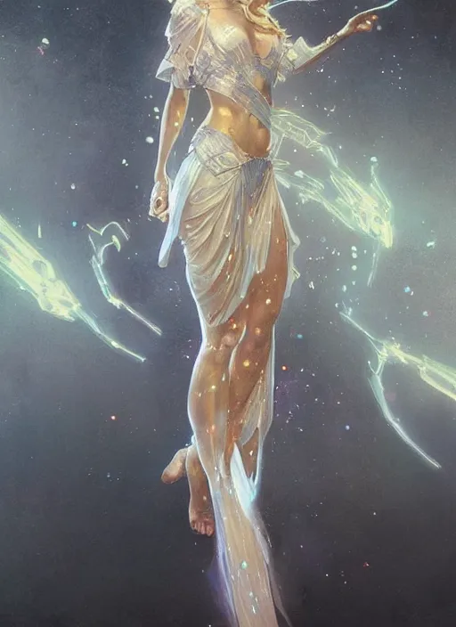 Image similar to a woman made from sparkling crystal, full body view, beautiful high quality realistic fantasy art, trending on artstation by artgerm and greg rutkowski and alphonse mucha