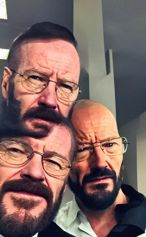 Image similar to img _ 1 4 2 4. jpg. walter white and john wick selfie. candid, looking at camera, snapchat, instagram, hashtags, accidental selfie, front camera, tiktok, popular, realistic, real life