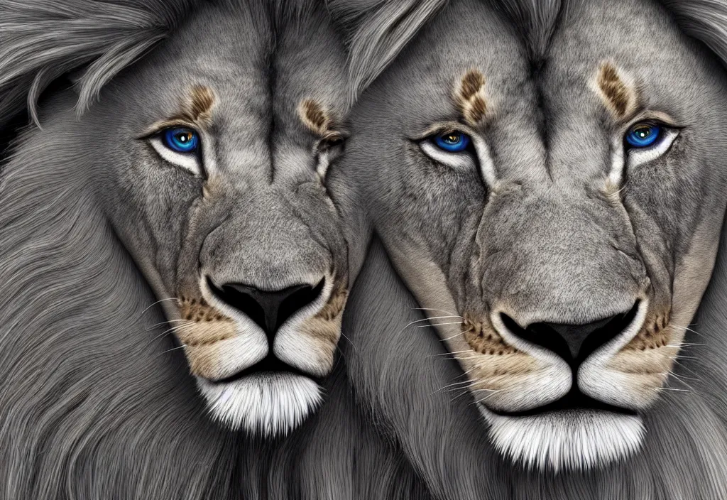 Image similar to a close up of a lion's face with blue eyes, an album cover by jacob toorenvliet, featured on behance, cubo - futurism, rendered in cinema 4 d, sketchfab, rendered in maya