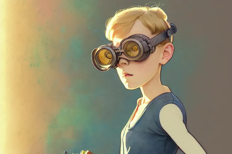 Prompt: a wholesome animation key shot of science fiction, awkward lonely brilliant female blond teenage tomboy girl with short hair, studying engineering, wearing victorian brass goggles, studio ghibli, pixar and disney animation, sharp, disney concept art watercolor illustration by mandy jurgens and alphonse mucha and alena aenami, pastel color palette, dramatic lighting