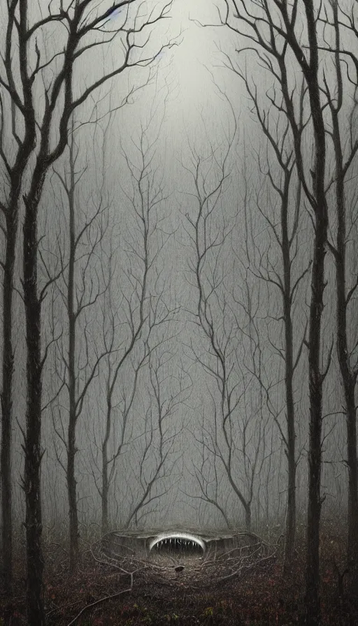 Prompt: a storm vortex made of many demonic eyes and teeth over a forest, by lee madgwick