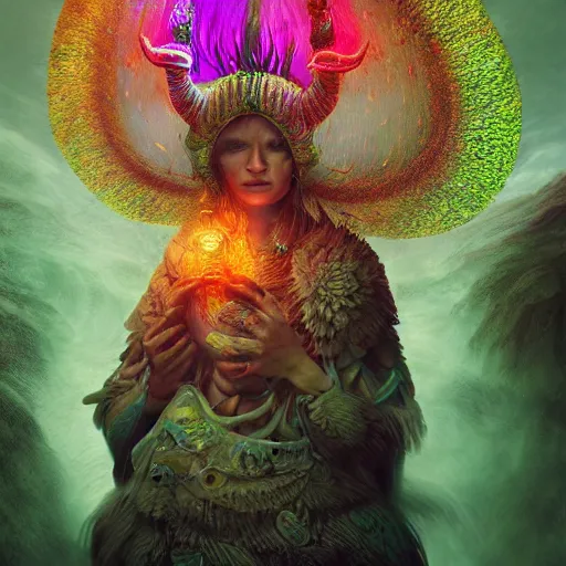 Image similar to amanita shaman playing frame drume to invoke spirits, northern light, visionary painting masterpiece, realistic, highly detailed, octane render