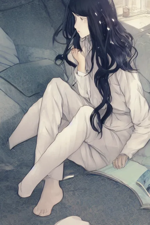 Image similar to a girl in a jk uniform outfit in the bedroom reading a book in a night, raining outside the window, dark and grey theme ， wavy white long hair, by krenz cushart and mucha and akihito yoshida and greg rutkowski and makoto shinkai, detailed eyes, 4 k resolution 、 trending on art station