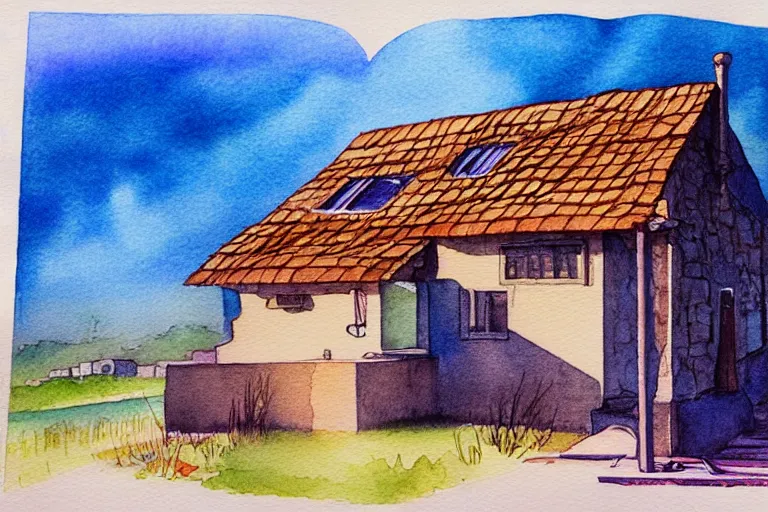 Image similar to rays of the morning sun shining through the window of the village house. very beautiful, clear sky, warm shiny colors, watercolor drawing