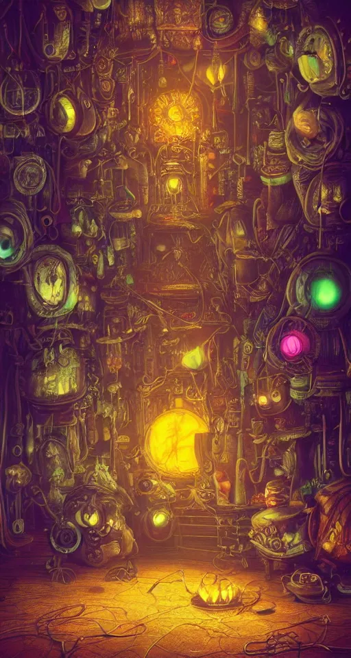 Prompt: tapestries of dreams, ultra detailed, dark, steampunk, moody, candles, neon signs, neon highlights, characters from machinarium, by don bluth, trending on artstation, octane render