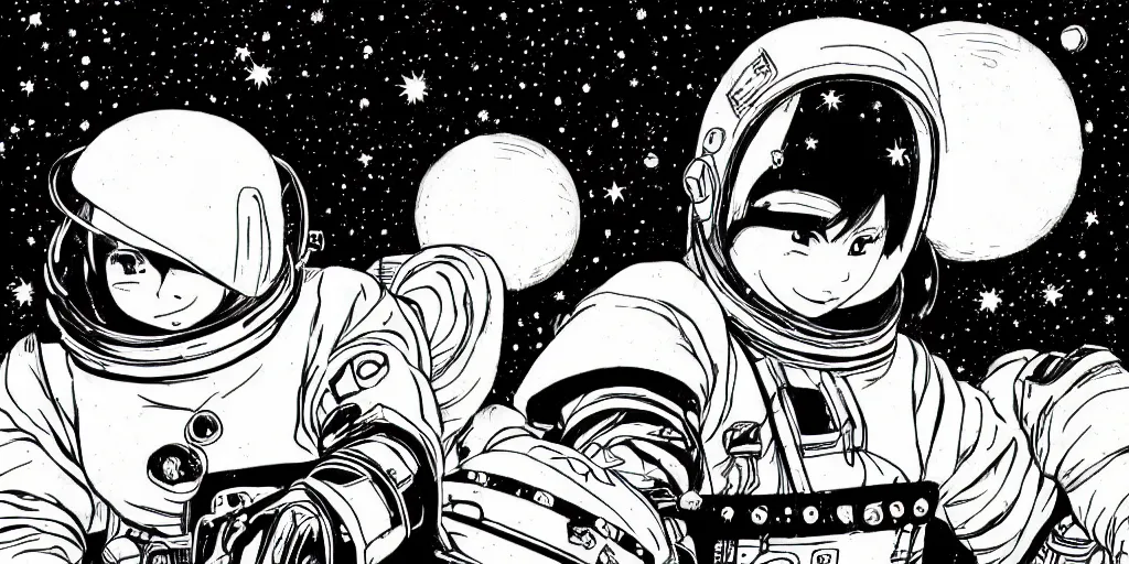 Image similar to manga portrait of a woman wearing a space helmet, akira toriyama, lineart, black and white, scifi, big clouds visible in the background, stars in the sky, high contrast, deep black tones