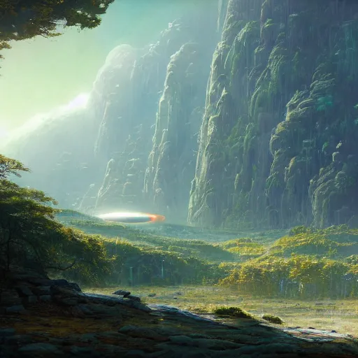 Image similar to A vast planetary peaceful sci fi city by James Gurney and Greg Rutkwoski, lush, nature, foliage, oil on canvas, artstation, dramatic scenery, masterpiece, aesthetic, cgsociety, cinematic lighting