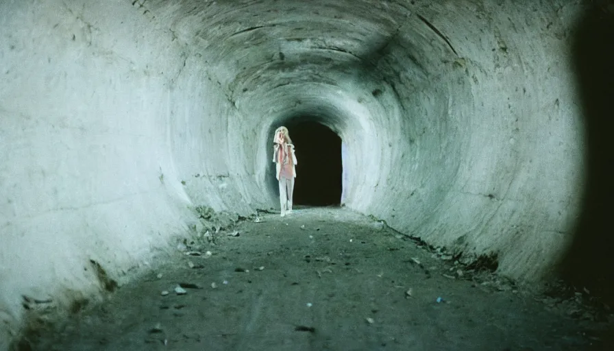 Image similar to portrait of a white female phantom in an empty soviet tunnel, cinestill 800t 35mm, heavy grain, high quality, liminal space style