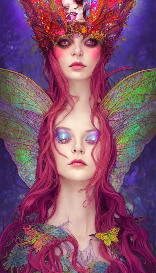 Image similar to a colorful and stunningly beautiful female faerie priestess in amanita muscaria forest landscape, symmetrical wings on back, neon hair, fantasy art, wearing a dress of gossamer gold, dark light night, sharp focus, digital painting, 4 k, concept art, art by charlie bowater and alphonse mucha, brom, face by otto schmidt