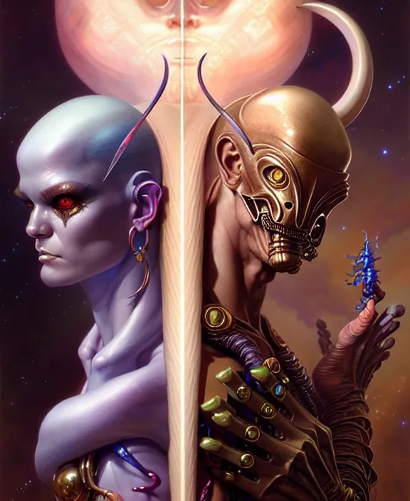 Image similar to beautiful gemini good and evil fantasy character portrait, ultra realistic, wide angle, intricate details, the fifth element artifacts, highly detailed by peter mohrbacher, hajime sorayama, wayne barlowe, boris vallejo, aaron horkey, gaston bussiere, craig mullins