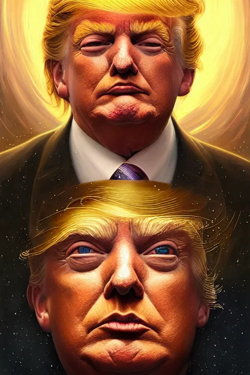 Image similar to a portrait of intergalactic donald trump, grim - lighting, high - contrast, intricate, elegant, highly detailed, centered, digital painting, artstation, concept art, smooth, sharp focus, illustration, artgerm, tomasz alen kopera, peter mohrbacher, donato giancola, joseph christian leyendecker, wlop, boris vallejo