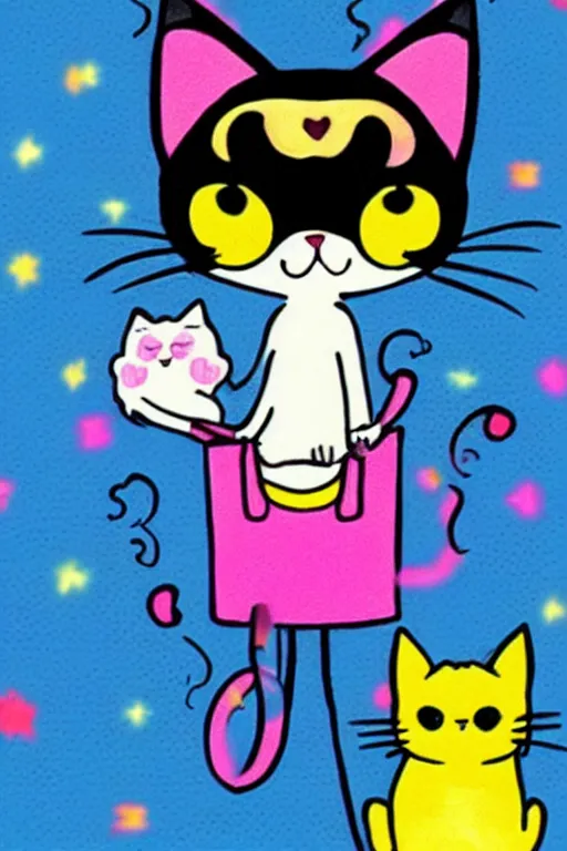 Prompt: i really love cat with paper bag on head + cute + adorable animation + lisa frank + kawaii