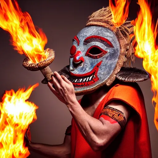 Image similar to an aztec monk with a monster mask is holding mushrooms in one hand, fire as the light source, close-up photography, dramatic scene