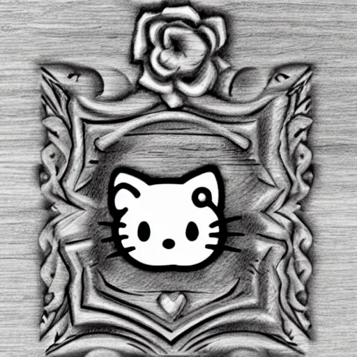 Image similar to 'hello kitty in wood carving pencil sketch'