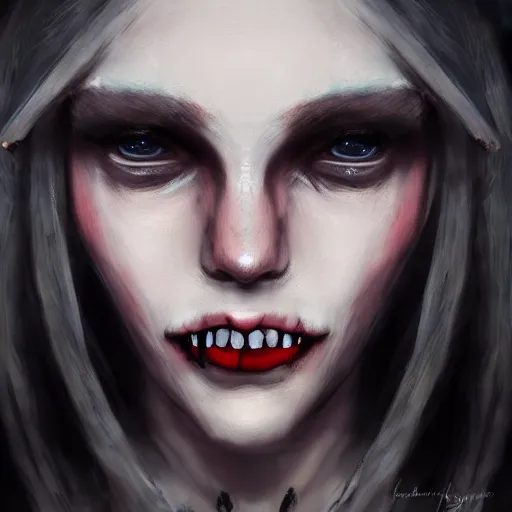 Image similar to a realistic head and shoulder professional portrait of a female vampire, painted in the style of bloodborne, interesting color use, vampire fashion, highly detailed, melancholy, vampire teeth